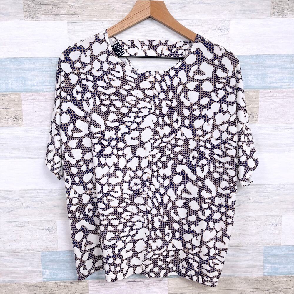 Clara Sun Woo Leopard Print Dolman Blouse Beige Blue Work Travel Womens Small
